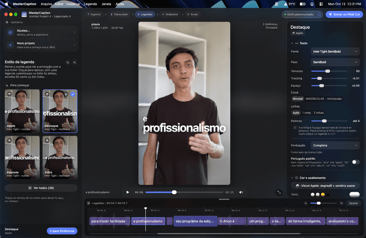 MasterCaption on a 13-inch Midnight M5 MacBook Air: caption styles on the left, video preview in the center, text settings on the right and timeline below.